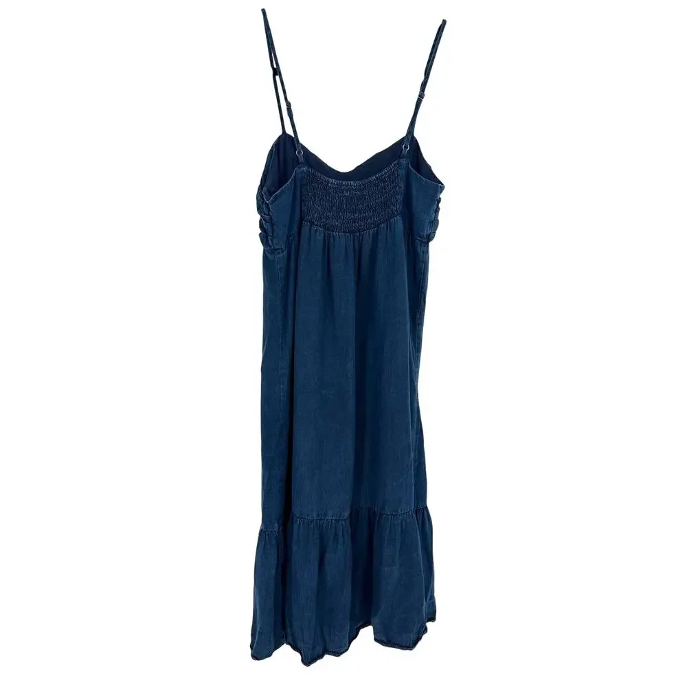 Banana Republic Dress 8 Blue Chambray Front Knot Tiered Midi Summer Beach